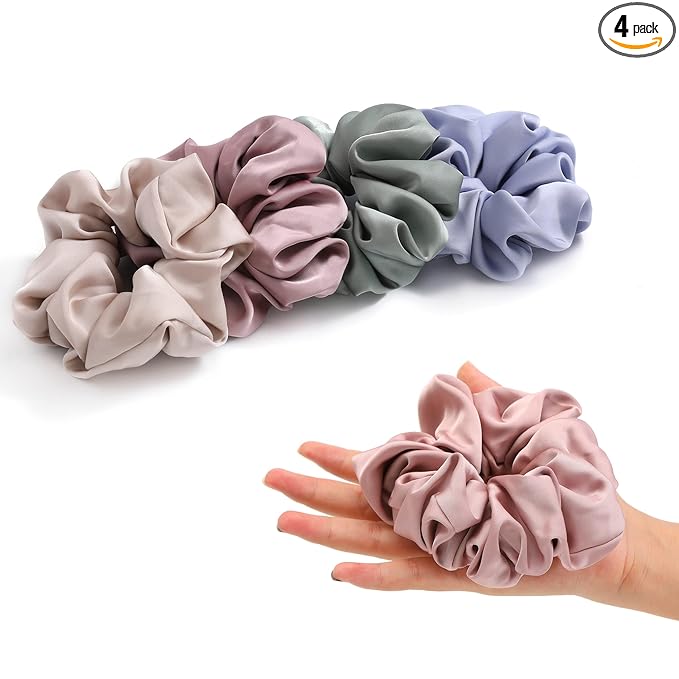 4PCS Large Satin Silk Scrunchies for Women - Big Glossy Scrunchie for Thick Hair Girl Hair Ties Ponytail Holders Jumbo Scrunchies (Blue Green Rose-Red Champagne)