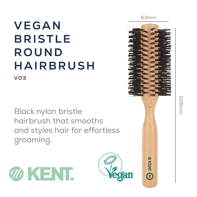 Kent V03 Vegan Boar Bristle Hair Brush, Eco-Friendly 60mm Round Brush with Cruelty-Free Bristles for Blowouts, Volume, Root Lift, Curls, All Hair Types, Wooden Handle, Travel Size, Made in England