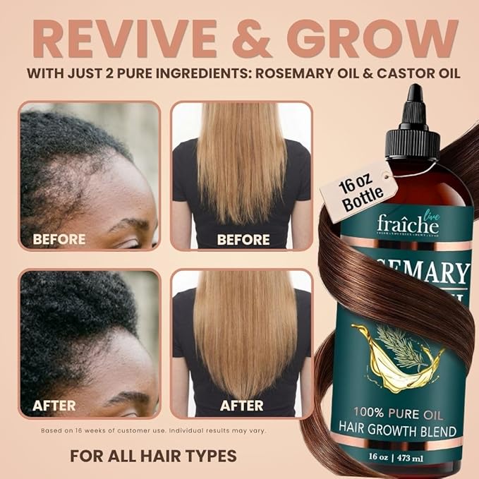 Live Fraiche Rosemary Castor Oil for Hair Growth 16oz + Castor Oil Organic Cold Pressed Lash Serum - Hexane Free, Reduce Hair Loss, Eyelash Eyebrow Regrowth and rosemary essential Serum for scalp