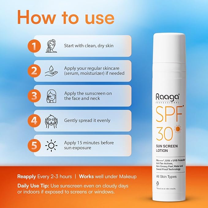 Raaga Professional Sunscreen Lotion SPF 30 | Broad Spectrum UVA & UVB Protection | Lightweight, Non-Greasy & Water-Resistant | Keeps Skin Hydrated | For All Skin Types | 1.86 Fl Oz/55ml