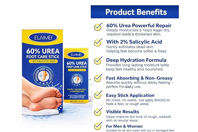 60% Urea Cream Stick with 2% Salicylic Acid, Maximum Strength Foot Cream for Dry Cracked Heels, Callus and Dead Skin Remover, Fast Absorbing, 1.4 oz, (1.41 oz pack of 2)