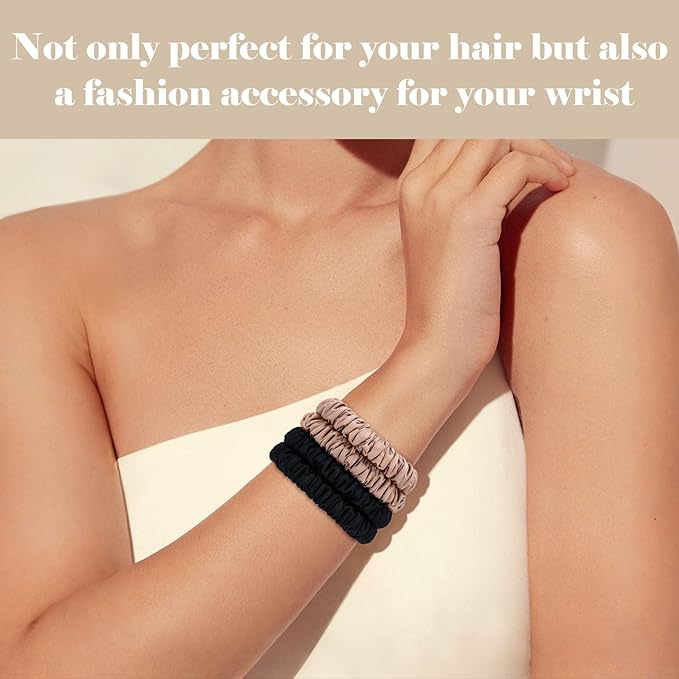 Scrunchies Hair Ties Silk Satin Scrunchy, WantGor Women 4PC Pure Mulberry Silk Skinny Elastic Scrunchies Hair Bands Bracelets Ponytail Holders Hair Accessories (Black*2, Khaki*2)