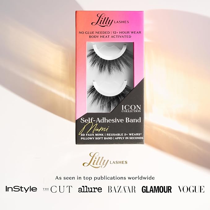 Lilly Lashes Self Adhesive Band 3D Faux Mink Eyelashes, No Lash Glue Needed, Body Heat Activated Press on Lashes, Reusable Self Adhesive Eyelashes Up to 5x, Easy to Apply & Remove (Mykonos)