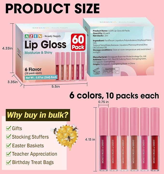 AZEN 60 Pack Lip Gloss Bulk Set, Shimmery Lip Gloss for Women and Girls With Rich Varied Colors, Mothers Day Gifts for Women