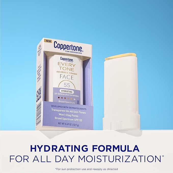 Coppertone Every Tone Invisible Finish Hydrating UV Defense Face Sunscreen Stick SPF 55 with Moisturizing Ceramides, Blends in Clear Sunscreen for All Skin Tones, 0.49 Oz Stick