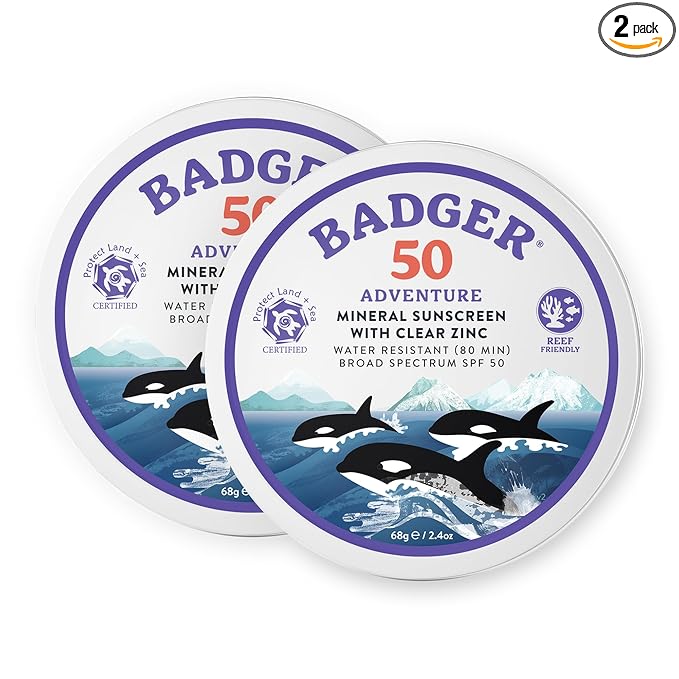 Badger Reef Safe Mineral Sunscreen, SPF 50, 98% Organic with Zinc Oxide, Non Toxic, Water Resistant, Unscented & Hypoallergenic, Broad - Spectrum, For Adventure, Travel & Sport, 2.4 oz Tin (2 Pack)