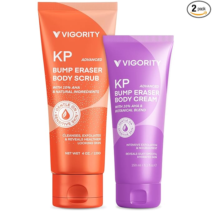 KP Bump Eraser Body Scrub & Keratosis Pilaris Lotion Set with 10% AHA + BHA – Strawberry Legs Treatment for Women & Man - Exfoliates & Deeply Hydrates for Smoother Healthy-Looking Skin
