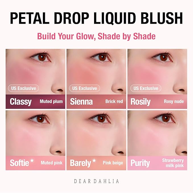 DEAR DAHLIA Petal Drop Liquid Blush (Moody) - Natural Dewy Glow Serum Blush, Buildable & Blendable, Sheer Watercolor Finish, Vegan Korean Makeup for Cheeks, 0.14 oz