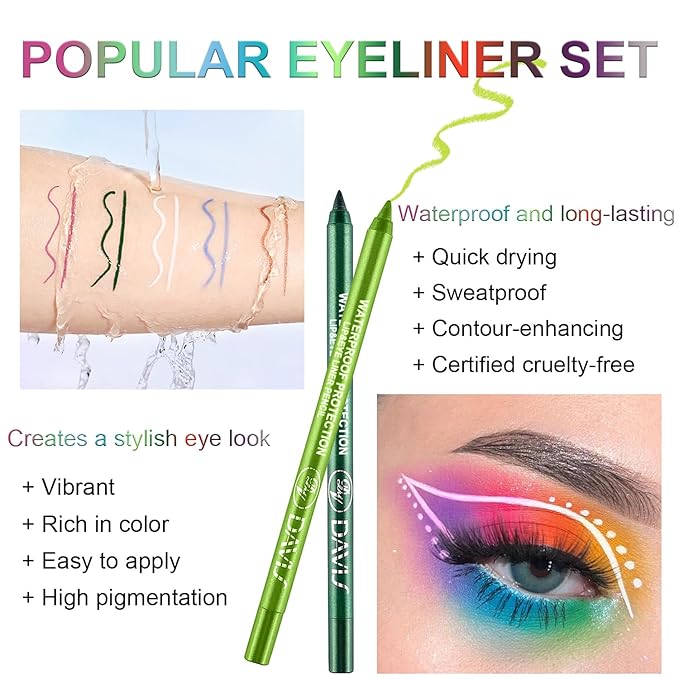 LemonSac 3 Colorful Eyeliner Pen Set, Eye Shadow Pencil, Pearl Eyeliner Kit Metallic Glitter Eye liner Pencil for Women Eye&Lip Liner Professional St Patricks Day Accessories (3PCS A)