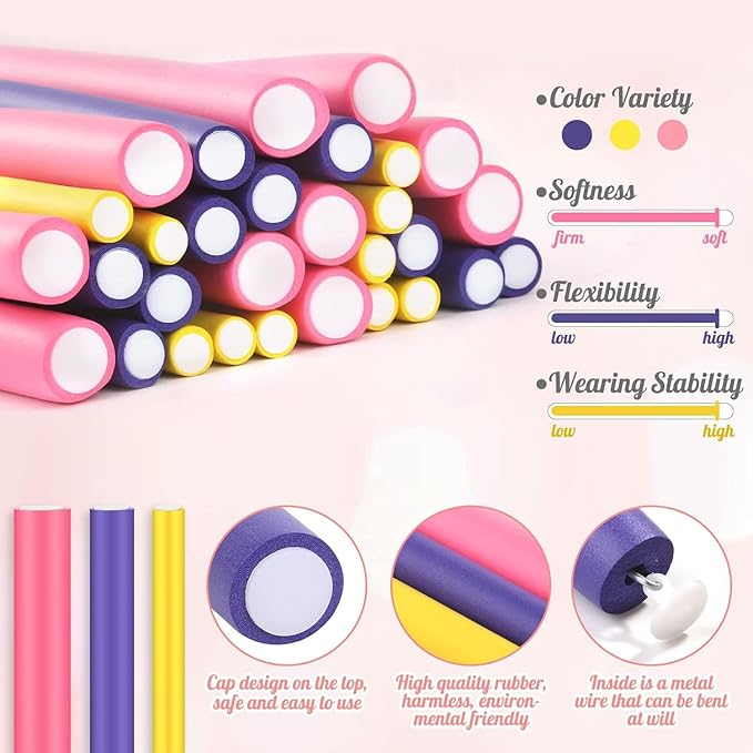 30Pcs 9.45" Flexible Curling Rods No Heat Hair Rollers Curlers with 3 Sizes Foam Curlers Hair Rods for Long Hair