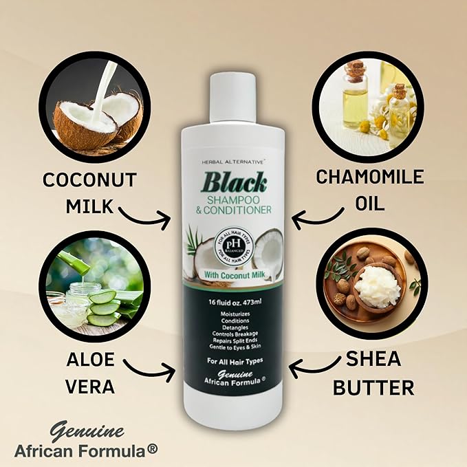 Black Shampoo & Conditioner with Coconut Milk | 2-in-1 Moisturizing Shampoo & Conditioner for Dry, Itchy, or Damaged Hair | Shea Butter, Keratin & Vitamin E | Hydrates, Smooths Frizz, Adds Shine, 16oz