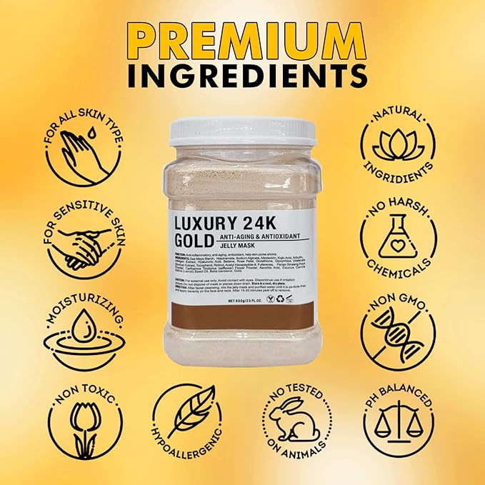 Jelly Mask Powder for Facials, 24K Gold Anti Aging Jelly Face Mask, Professional Peel Off Hydro Face Mask Powder for Fight Fine Lines, Dullness & Uneven Skin Tone, DIY SPA 23 FLOZ Mask Powder