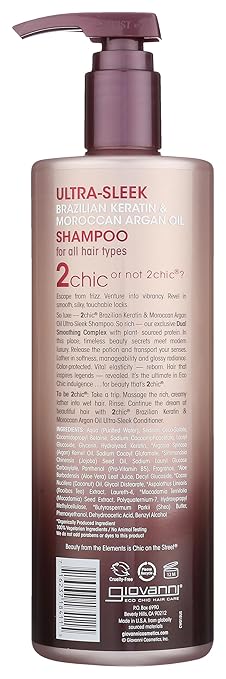 GIOVANNI 2chic Ultra-Sleek Shampoo - Brazilian Phyto-Keratin & Moroccan Argan Oil, Anti-Frizz Formula, Coconut, Shea Butter, Pro-Vitamin B5, Color Safe, Paraben Free - 24 oz