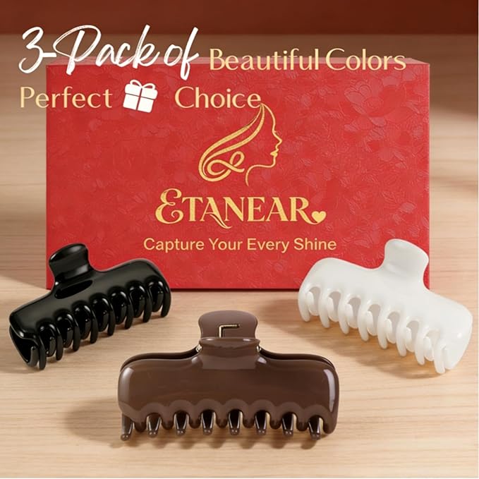 3Pcs Rectangle Hair Claw Clips for Women, 3.8" Premium PC Material Non-Slip Strong Hold Hair Claw for Thick Thin Hair, Durable Comfortable Jaw Clip Large Stylish Hair Accessories Gift Box Set