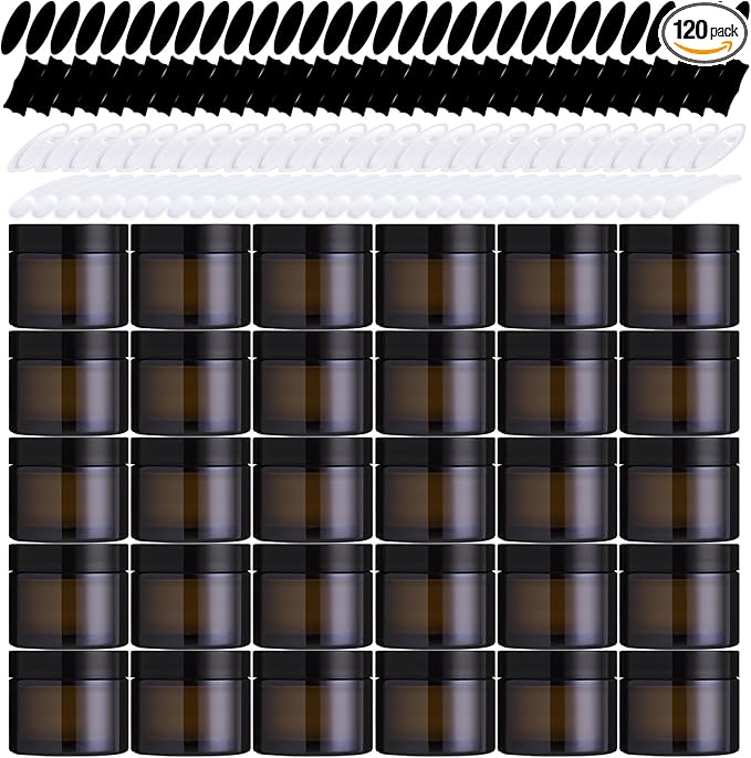 120Pcs 60g Amber Glass Jars Assortment Kit with Inner Liners and Black Lids, Spoons and blank labels for Storing Lip and Body Scrub, Lotion, Body Butter, Bath Salts