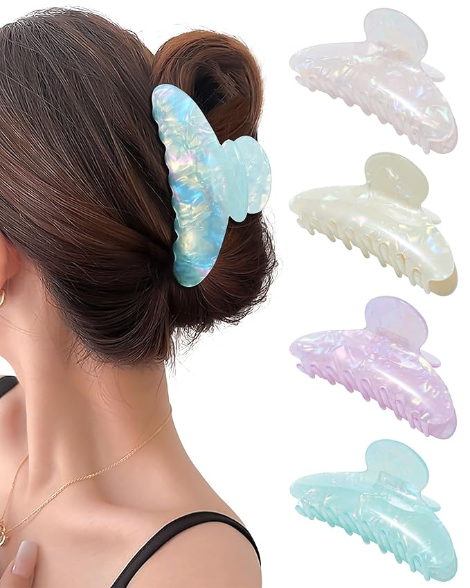 Mesovor 4 Pack Acrylic Hair Clips Claws, Nonslip 4.1" Large Hair Grip Hairclips for Thin and Thick | French Banana Barrettes Hair Strong Hold Hair Jaw Clamps (Pink, White, Green, Champagne)
