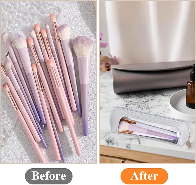 Psyqtsuary Small Clear Makeup Bag, PU Leather Travel Makeup Brush Bag Portable Transparent Waterproof Cosmetic Pouch with Zipper for Women Home Travel Office Cosmetic Storage (Grey)