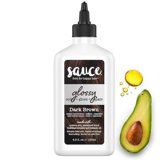 Sauce Beauty Glossy Color + Gloss + Repair, Dark Brown, Semi Permanent Hair Dye with Bond-Building and Color-Fade Protection Technology, Adds Shine & Deep Moisture, Lasts 4-8 Weeks, Stops Fade