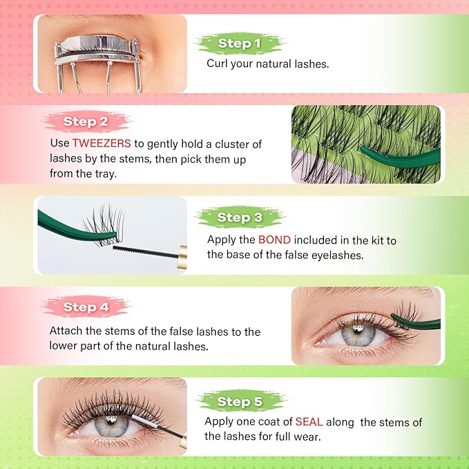 KEYYOU Lisbon Lash Clusters Kit Fairy Lash Extension Kit C Curl 108Pcs Eyelash Extension Kit Wispy Natural Invisible Band Lash Kit with Waterproof DIY Lash Extension Kit at Home(Lisbon-C-8-16MIX)