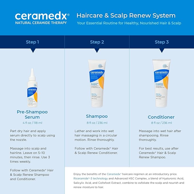 Ceramedx Hair & Scalp Renew Pre-Shampoo Treatment Serum with Plant-based Riceramide-3 Technology for Dry Hair and Scalp | Vegan, Fragrance Free, Paraben Free | 4 oz