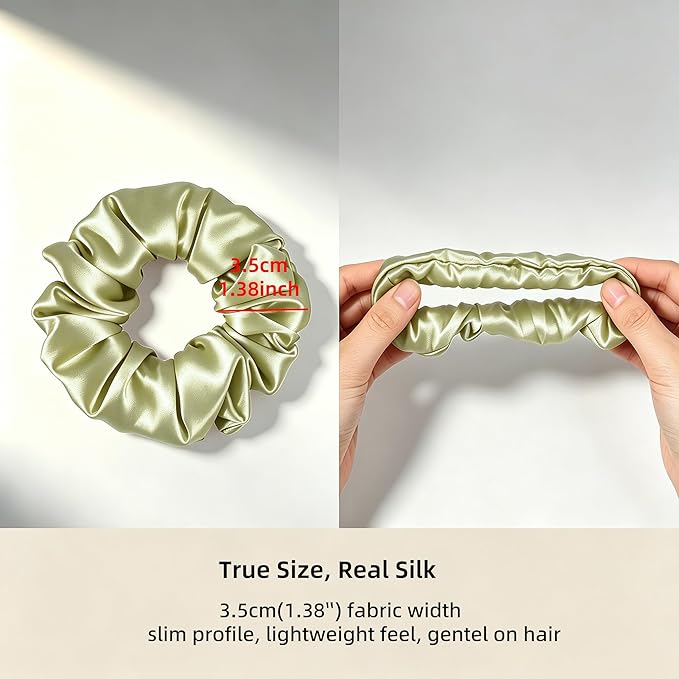 ZLYC 100% Mulberry Silk Scrunchie 19 Momme Gentle Creaseless Hair Tie for Women Dent-Free Ponytail Holder, 3.5cm Solid Sage Green