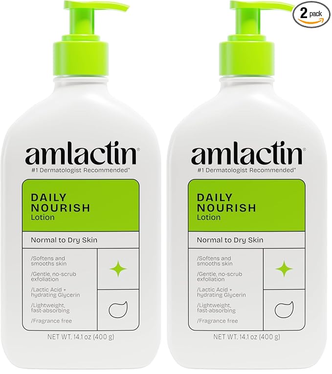 AmLactin Daily Nourish Therapeutic Body Lotion for Dry Skin - No-Scrub Exfoliator and Moisturizer 12% Lactic Acid Lotion,14.1 oz (Packaging May Vary),(Pack of 2)