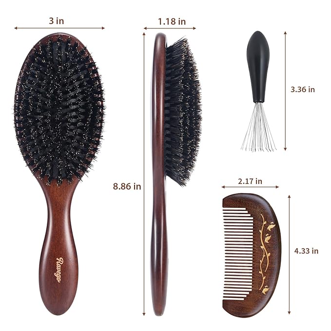 Hair Brush, Boar Bristle Hair Brush for Women Men Kids, Nature Bristles Hairbrush for Thin Fine All Hair Type, Restore Shine And Texture, Set Includes Cleaning Tool