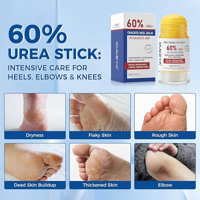 OUKEYA 60% Urea Stick with 2% Salicylic Acid, Maximum Strength Urea Cream 60 Percent for Feet, Exfoliating Moisturizer for Dry Cracked Heels, Hands, Knees - 1.41oz