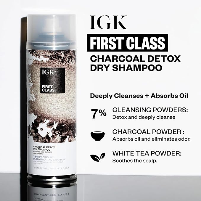 IGK First Class Charcoal Detox Dry Shampoo, Volumizing Spray for Oily Hair, Absorbs Oil + Odor, Invisible Finish with No White Residue on All Hair Colors, Talc-Free + Vegan, 6.3 Fl Oz