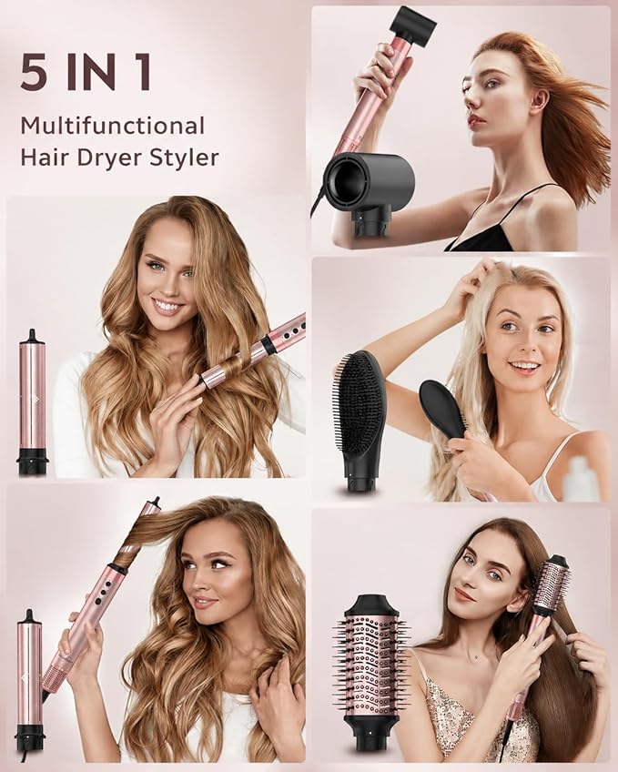 Brightup 5 in 1 Air Styler, 1400W High Speed Hair Dryer Brush, Professional Automatic Hair Curler with Cool Shot Button, 800 Million Ionic, No Heat Damage, with Travel Bag