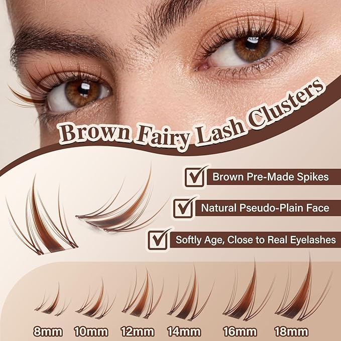 JMS&JMS Brown Fairy Lash Clusters, Brown Spiky Wispy Natural Eyelash Clusters, Anime Manga eyelash clusters, Invisible Band Fairy Lashes (C-8-18Mix)