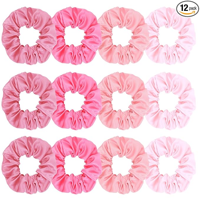 Silk Satin Scrunchies for Women Girls 12 PCS Multi-Pink-Colored Hair Scrunchies Silk Satin Hair Ties for Thick Hair Bulk Hair Ties Hair Accessories