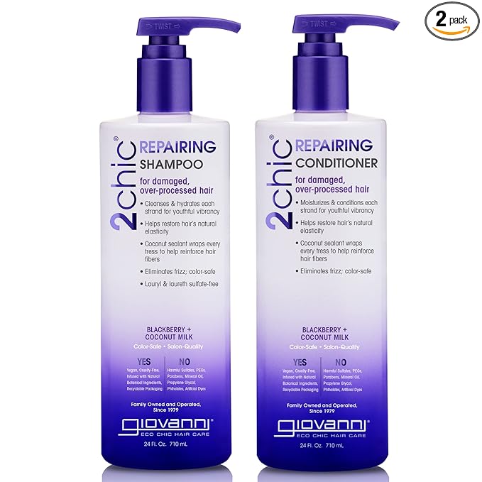 GIOVANNI 2chic Ultra-Repairing Shampoo & Conditioner Set - For Damaged, Over-Processed Hair, Helps Restore Hair's Natural Elasticity, Blackberry & Coconut Oil, Shea Butter, Color Safe - 24 oz. Each