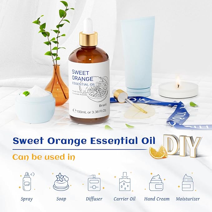 HIQILI 100ML Orange Essential Oil for Air Freshener, DIY Soap, Skin Care, Can be Added to Diffusers, Dryer Balls, Lotions for Use - 3.38 Fl Oz