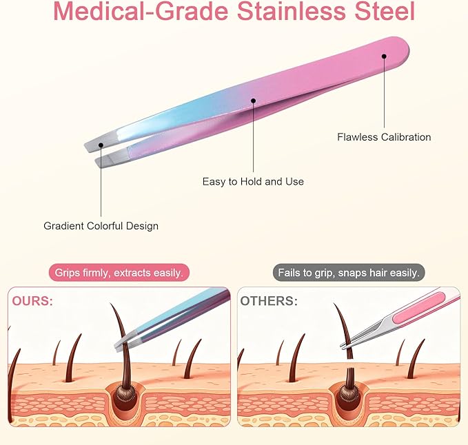 Eyebrow Tweezers Set with Travel Case - 7 Pcs Professional Eyebrow Grooming Kit Stainless Steel Slant and Pointed Tweezer Kit for Women Facial Hair, Ingrown Hair and Daily Grooming