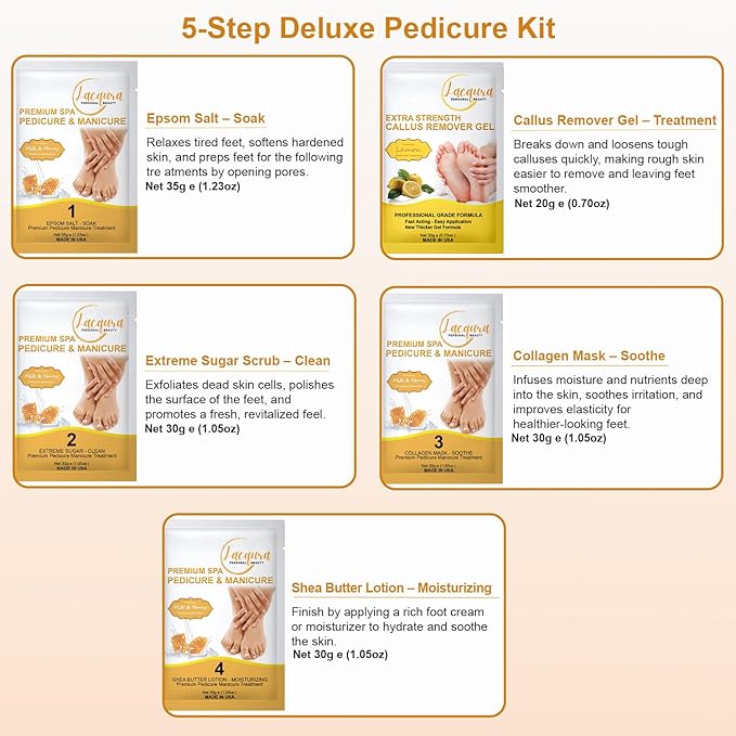 Deluxe Pedicure Kit 5 Step Spa Set – Epsom Salt Soak, Callus Remover Gel, Sugar Scrub, Collagen Mask & Shea Butter Lotion – Professional At Home Foot Care (Milk & Honey, 09 Sets)