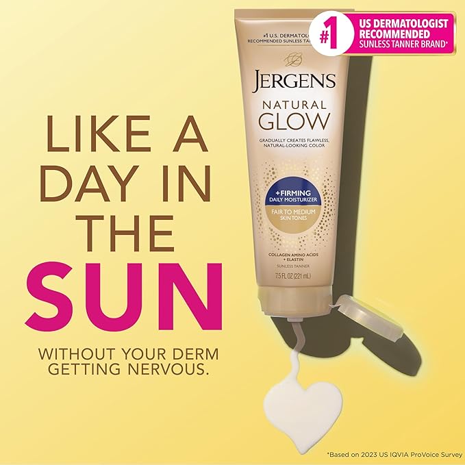 Jergens Natural Glow +Firming Self Tanner Body Lotion, Fair to Medium Skin Tone, Sunless Tanning Moisturizer with Collagen and Elastin. Helps to Visibly Reduce Cellulite, 7.5 Fl Oz (Pack of 4)