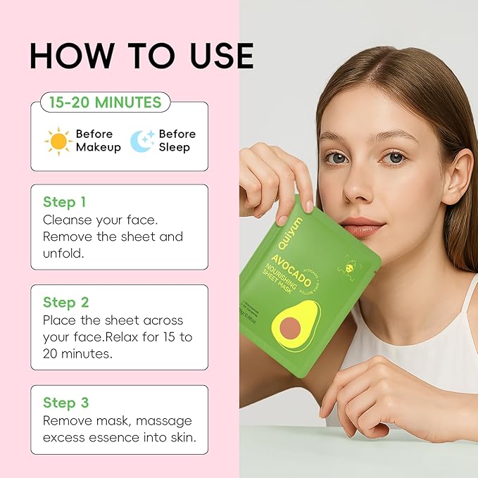 QUIYUM 14 Pack Avocado Sheet Mask - Hydrating Facial Masks for All Skin Types, Skincare Set, Spa Gift for Women & Teens