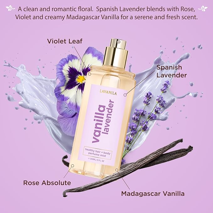 Lavanila Vanilla Lavender Hair & Body Mist for Women, 5 Oz – Calming Vanilla Body Spray, Hair Perfume & Fragrance with Madagascar Vanilla – Lightweight Women’s Fragrance for Hair & Skin