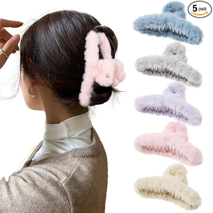 5PCS Large Claw Hair Clips for Thick Hair Big Fuzzy Hair Clips for Women Nonslip Strong Hold Hair Claw Clip (Plush (Blue+Grey+Pink+Purple+Beige))