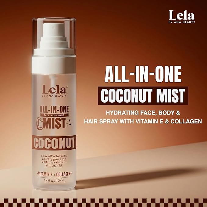 Lela Beauty All-In-One Coconut Mist Hydrating Face, Body & Hair Spray with Vitamin E & Collagen- Lightweight Travel Size Formula with Cooling Facial Mist for Glow & Refreshed Skin - 3.4fl oz