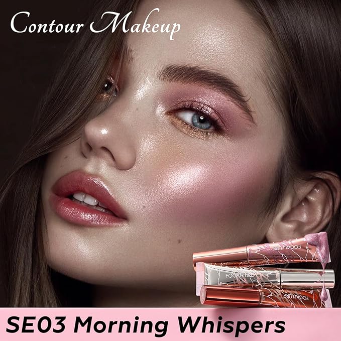 FOCALLURE Liquid Contour Stick 3-Piece Set - Cream Highlighter, Blush & Bronzer with cushion applicator, Moisturizing, Blendable, Long-Lasting for Face Sculpting & Illuminating,SE03 Morning Whispers