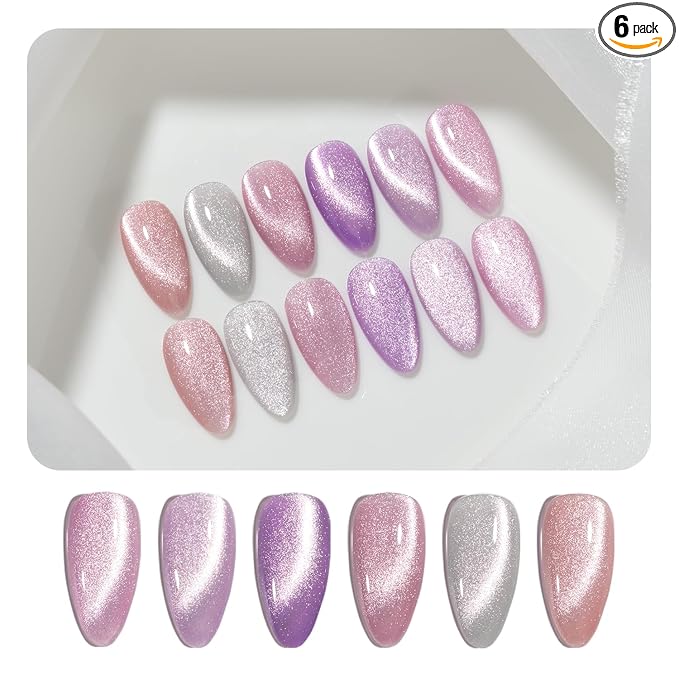 GAOY Glitter Purple Cat Eye Gel Nail Polish Set with Magnet for Pink Holographic Cat Eye, Salon Gel Manicure and Nail Art DIY at Home