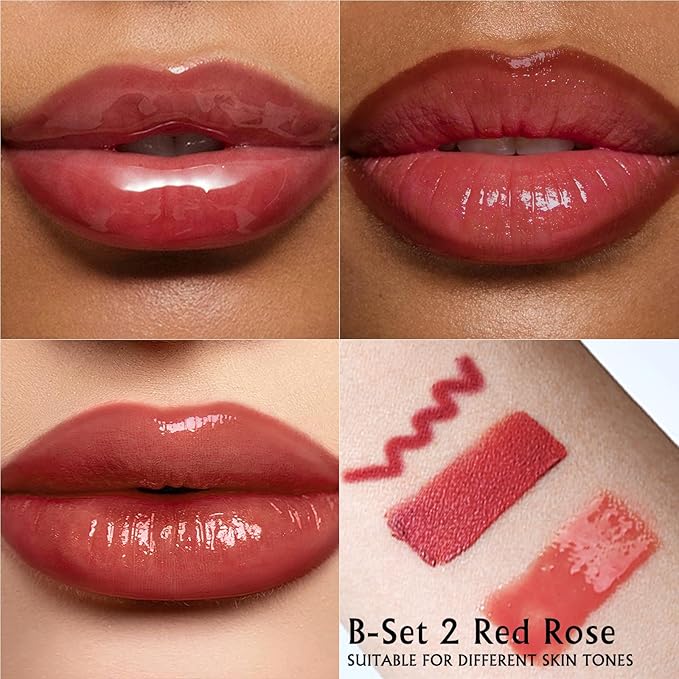 Red Rose Lip Combo Set - Matte Lipstick for Women High Pigment Plumping Lip Liner and Gloss Set Moisturizing Lightweight Liquid Lipstick Smooth Buildable High Shine Daily Lip Makeup Kit