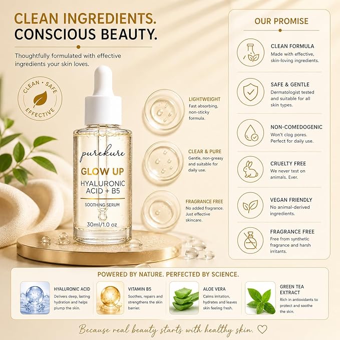 Hyaluronic Acid Serum for Dry & Sensitive Skin – Organic, Deep Hydration + Vitamin B5 for Barrier Repair, Lightweight Face Serum for Fine Lines & Smooth Skin, Non-Greasy, 30 mL