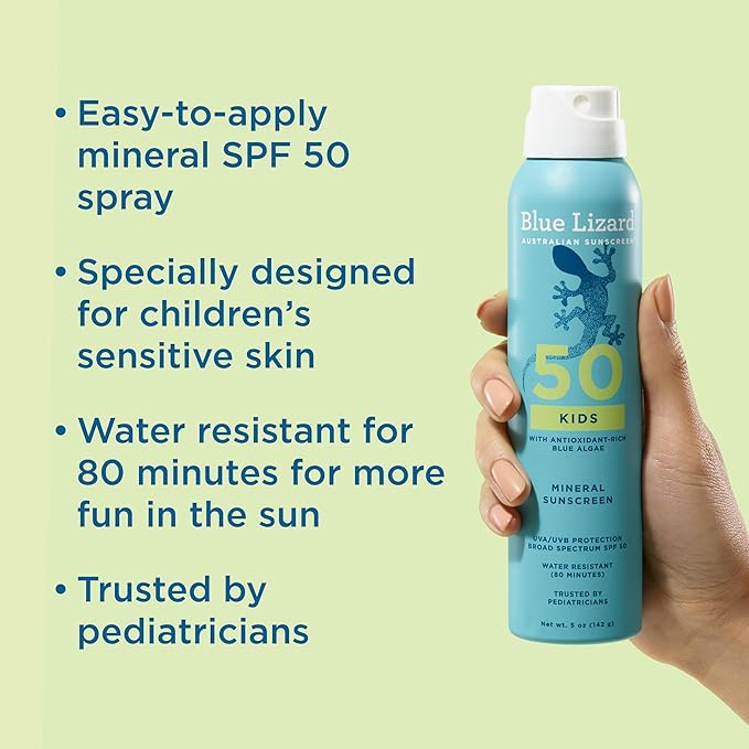 Blue Lizard Kids Mineral Sunscreen Spray SPF 50+, Brand, Broad-Spectrum UVA/UVB Protection, Water-Resistant, Zinc Oxide Formula, 5 fl oz