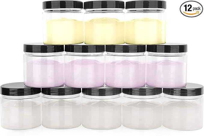 Healthy Packers® Small Plastic Jars with Lids 4 oz, 12-Pack - Clear Plastic Jars with Screw-On Tops for Slime, Crafts, Body Butter, Sugar Scrubs, Cosmetic Storage, Small Containers with Lids (Black)