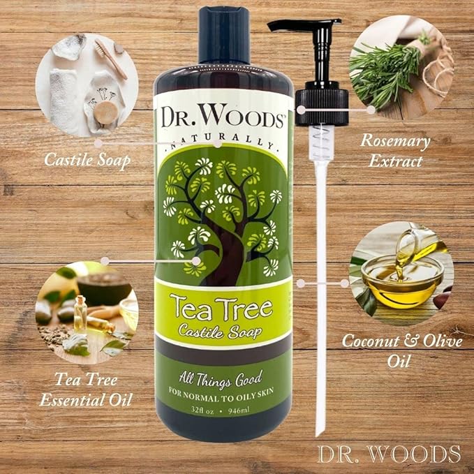 Dr. Woods Pure Tea Tree Liquid Castile Soap with Pump - Natural Castile Soap for Body, Hands, and Face with Vitamin E and Hemp Oil, for Men and Women - 32 Fl Oz