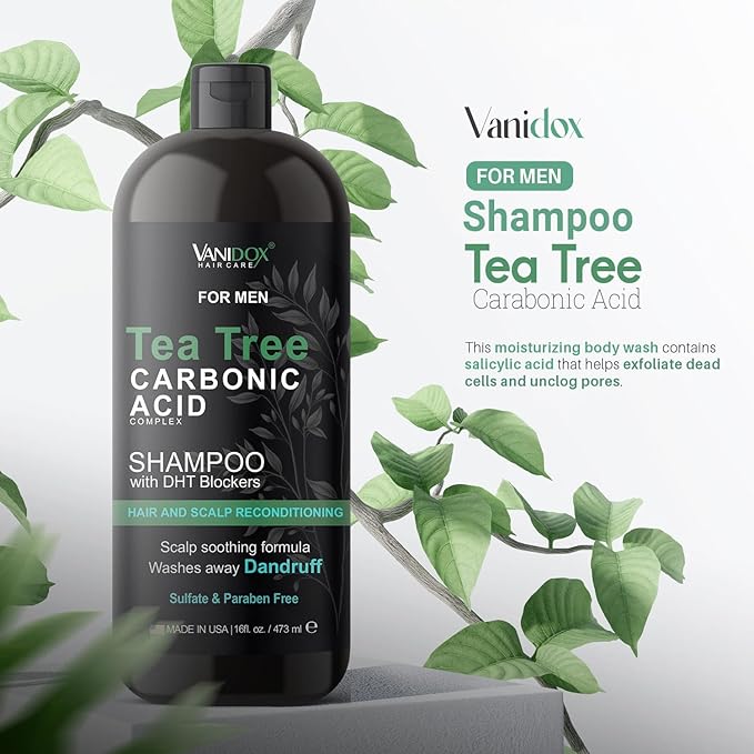Vanidox Tea Tree Shampoo with Organic Tea Tree Oil and Carbonic Acid - For Men's Itchy and Dry Scalp, Fights Hair Loss, Stimulates Growth - With DHT Blockers (16 FL Oz)