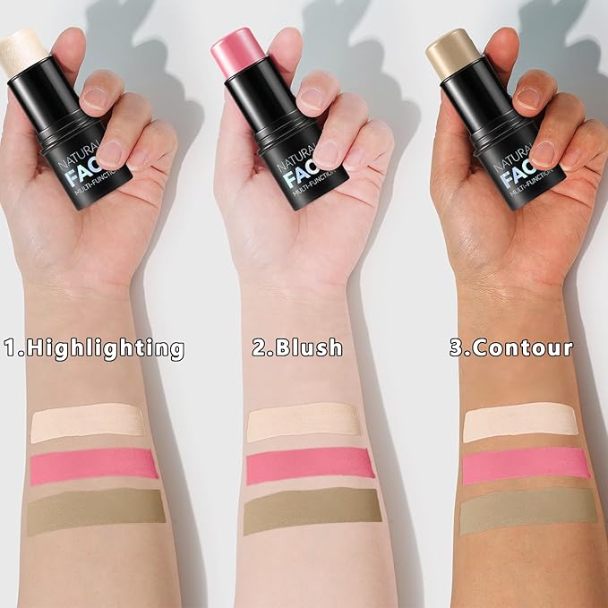3Pcs Cream Contour Stick Makeup Kit, Shades with Highlighter, Blush and Bronzer Contour Stick for Sculpt the Cheeks, Long Lasting, Waterproof, Matte & Dewy Finish (E)